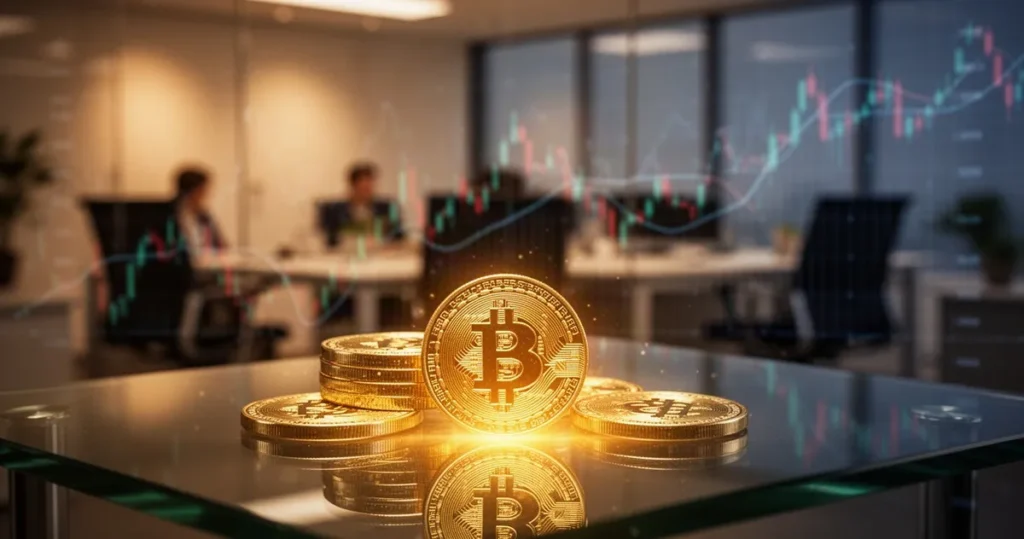 Prezes PKOl z nowymi zarzutami. Sprawa dotyczy wpływów i kryptowalut Świecące monety kryptowalut na szklanym blacie na tle rozmytego biura z abstrakcyjnymi wykresami finansowymi.