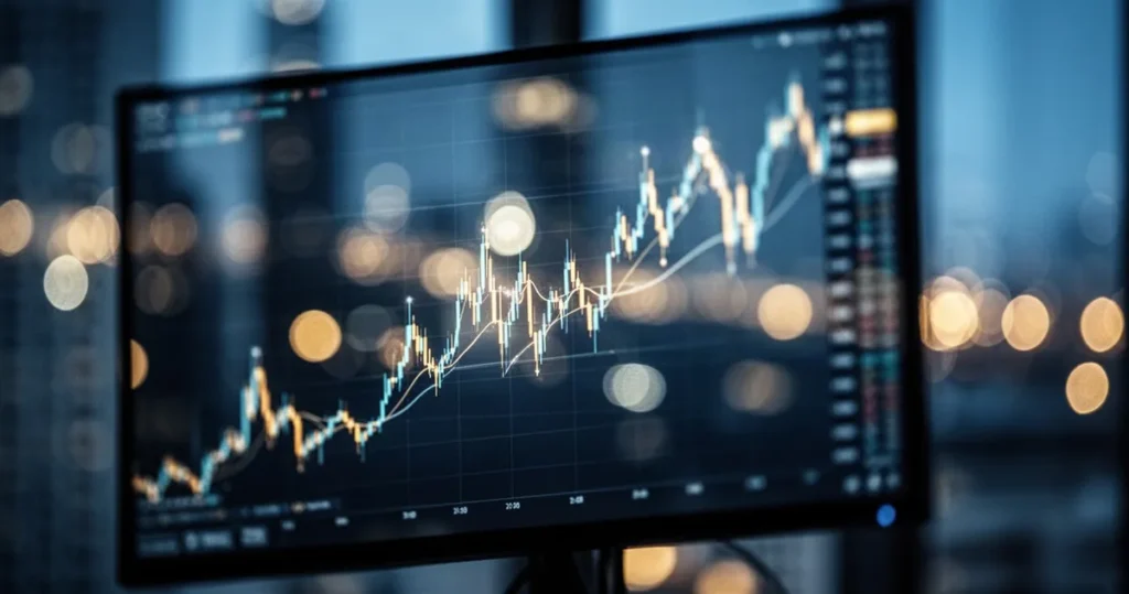 Euro najdroższe od ponad miesiąca. Złoty osłabiony, choć forint ucierpiał bardziej Świecący cyfrowy wykres walutowy na monitorze z rozmytymi światłami miasta w tle w odcieniach błękitu i złota.