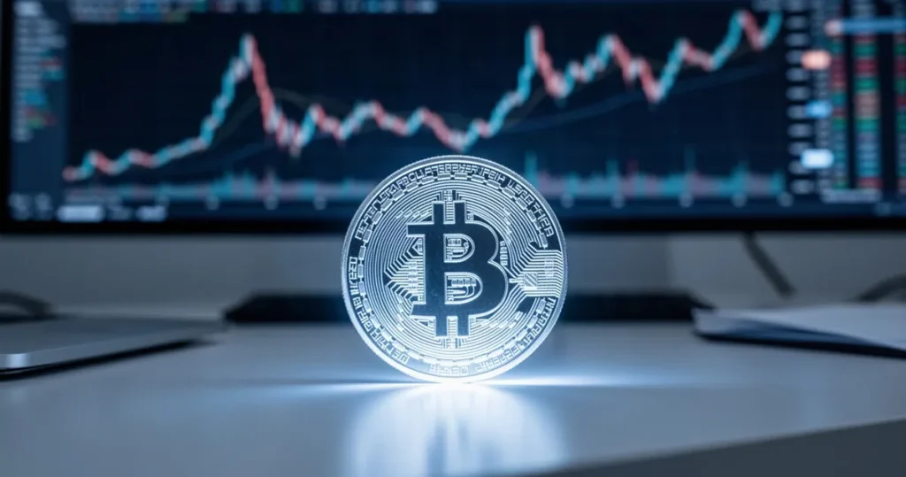 Premier domaga się powtórnego głosowania w sprawie rynku kryptowalut Świecąca moneta kryptowaluty na biurku na tle zamazanego wykresu giełdowego na ekranie komputera.
