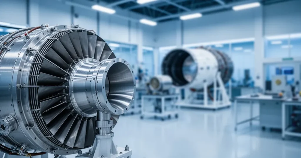 ESA podpisuje pierwsze kontrakty w ramach European Launcher Challenge – Wiadomości Przemysłowe Zbliżenie na komponent silnika rakietowego w nowoczesnym laboratorium inżynierii lotniczej utrzymane w odcieniach błękitu.