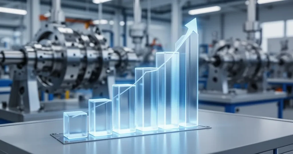 Siemens Energy szykuje wydzielenie działalności przemysłowej – wiadomości branżowe Świetlisty cyfrowy wykres słupkowy symbolizujący wzrost przemysłowy na tle nowoczesnej hali fabrycznej.