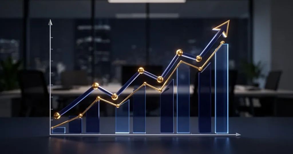 Świecący złoto-granatowy wykres finansowy z trendem wzrostowym na rozmytym tle biurowym.