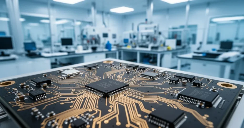 Voltatron przejmuje Kurz Elektronik w celu rozszerzenia produkcji Zbliżenie na nowoczesną płytkę drukowaną ze złotymi ścieżkami na tle zamazanego laboratorium przemysłowego.
