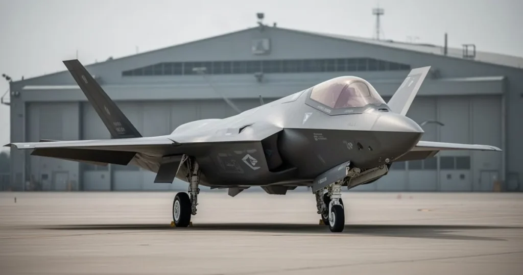 Kolejne myśliwce F-35 dotarły do Polski. MON szykuje kolejne zamówienie Nowoczesny myśliwiec F-35 zaparkowany na betonowej płycie lotniska w świetle dziennym, w tle niewyraźny hangar wojskowy.