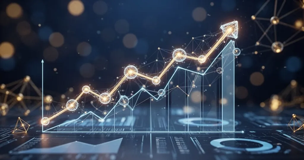 Bullish przeznacza 100 mln USD na pożyczki dla infrastruktury AI w ramach USD.AI Cyfrowy wykres finansowy ze wzrostową linią i węzłami sieci neuronowej na tle niebiesko-złotych świateł technologii.