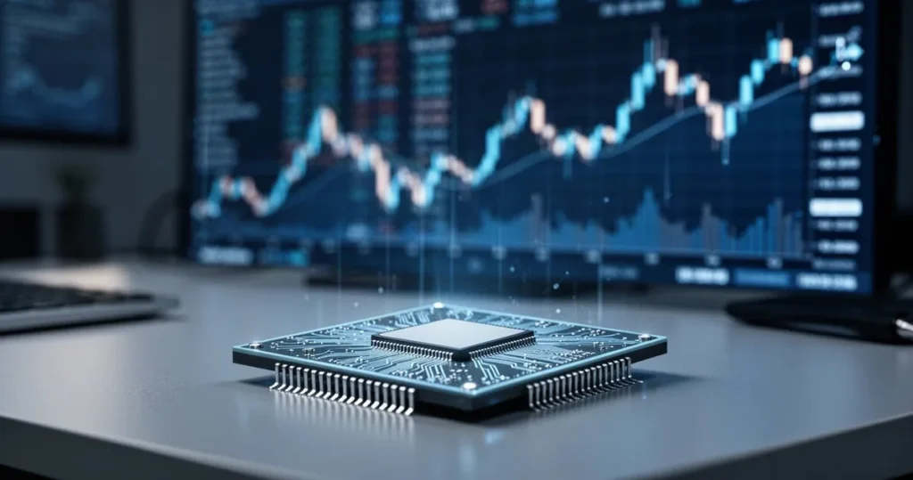 Miliarder Stanley Druckenmiller kupił akcje Taiwan Semiconductor. Czy gigant produkcji chipów to wciąż okazja inwestycyjna? Nowoczesny mikrochip na biurku na tle rozmytego wykresu giełdowego w niebieskiej tonacji.