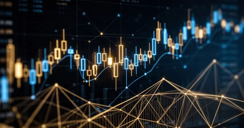 Nvidia chce przejąć firmę zhakowaną przez zbuntowane agenty OpenAI za 12,9 mld dolarów Abstrakcyjna grafika z pulsującymi złotymi i niebieskimi wykresami finansowymi oraz węzłami danych na ciemnym tle.