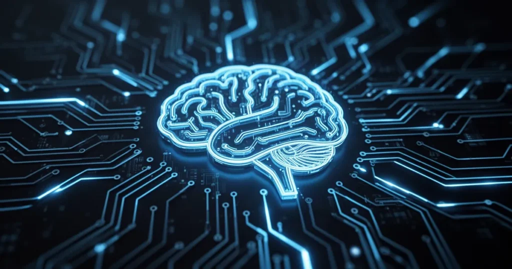 Kto odpowiada prawnie, gdy sztuczna inteligencja wymyka się spod kontroli? Świecąca ikona cyfrowego mózgu połączona z siecią linii obwodów na ciemnym, technologicznym tle.
