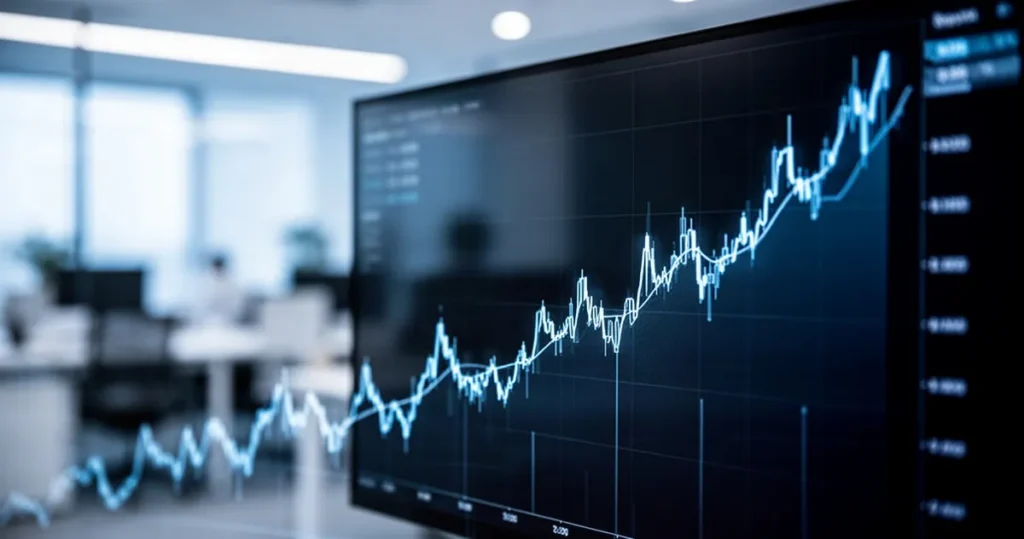Podwyżka podatków od pensji. Ujawniono szczegóły. Przedstawiono konkretne wyliczenia Wykres finansowy wznoszący się na ciemnym ekranie na tle rozmytego, nowoczesnego biura.