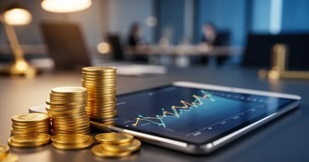 Stos złotych monet i tablet z wykresem finansowym na pierwszym planie na tle niewyraźnego biura.