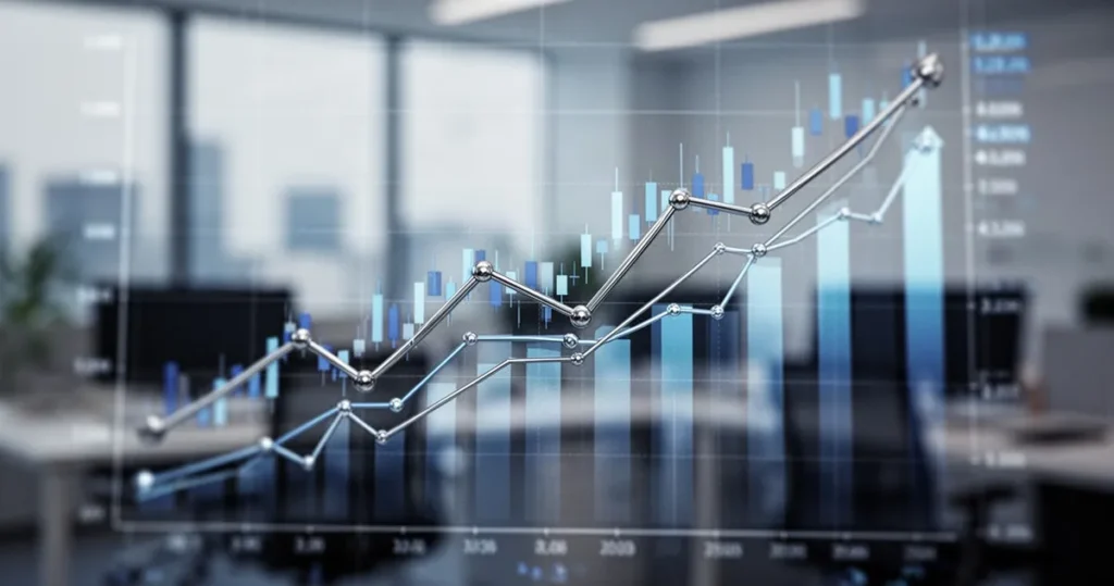 Wykres finansowy z rosnącymi trendami na rozmytym tle biurowym w odcieniach niebieskiego i srebra.