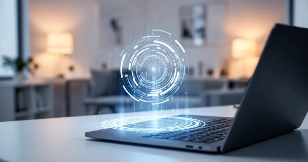Holograficzny interfejs cyfrowy unoszący się nad klawiaturą laptopa w nowoczesnym, minimalistycznym domowym biurze.