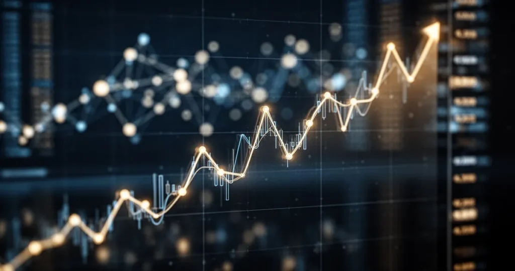 Fundusze ETF na Bitcoina przerywają 9-dniową serię napływów, gdy BTC spada poniżej 78 tys. dolarów Świecący cyfrowy wykres giełdowy na ciemnym szklanym tle z rozmytymi danymi rynkowymi w odcieniach niebieskiego i złota.
