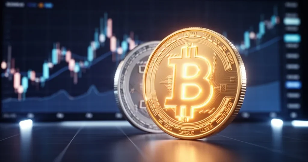 Miliarder Ray Dalio radzi trzymać niewielką część Bitcoina w portfelu. Dlaczego się myli? Świecąca moneta Bitcoin na pierwszym planie, w tle rozmyty wykres giełdowy w odcieniach niebieskiego.