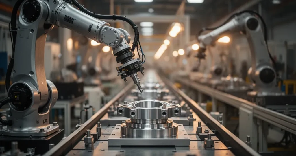 Zaawansowane ramię zrobotyzowane precyzyjnie montujące metalowy element na linii produkcyjnej w nowoczesnej fabryce.