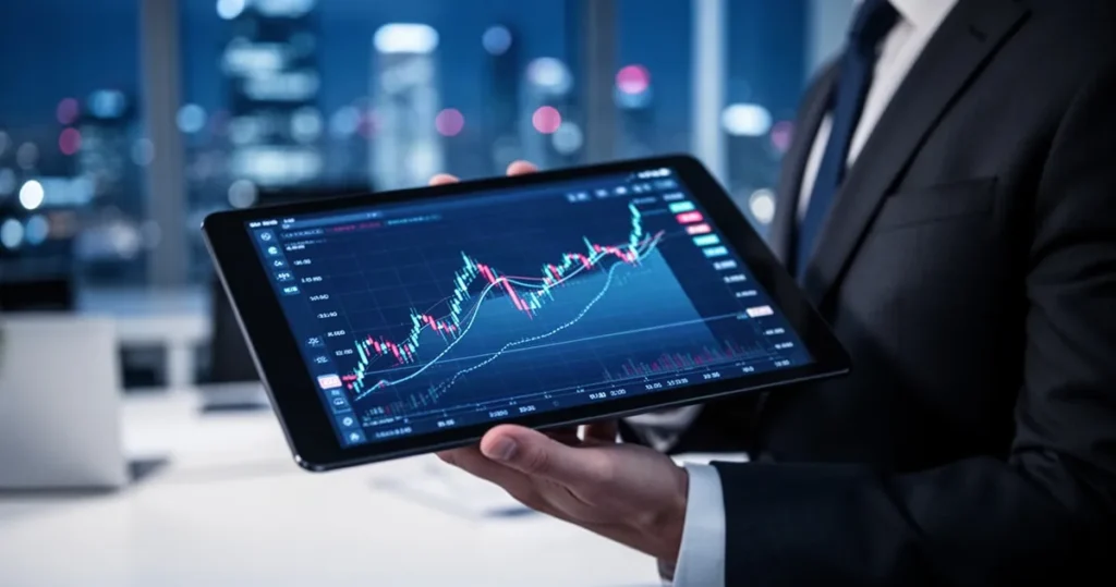 Zbliżenie na cyfrowy wykres finansowy na ekranie tabletu trzymanego przez biznesmena w nowoczesnym biurze.