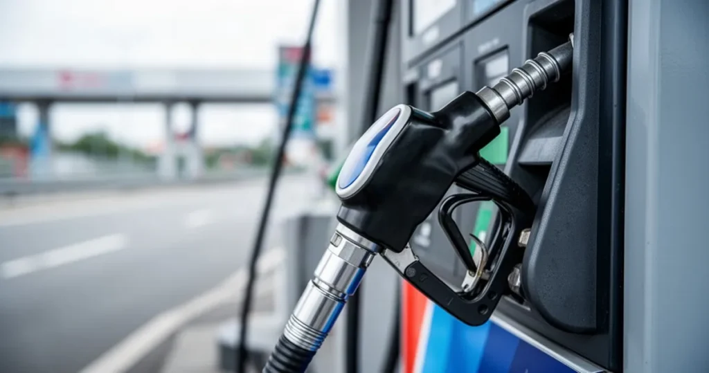 Zbliżenie na pistolet nowoczesnego dystrybutora paliwa na stacji benzynowej w otoczeniu infrastruktury drogowej.