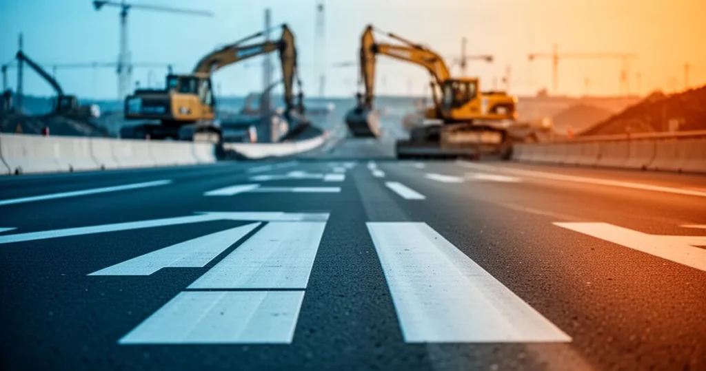 Nowoczesna autostrada z wyraźnym oznakowaniem poziomym, w tle rozmyty plac budowy z ciężkim sprzętem.