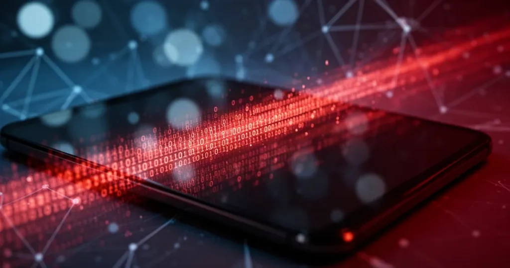 Strumień świecącego czerwonego kodu binarnego wydobywający się z ciemnego ekranu na tle abstrakcyjnych wzorów cybernetycznych