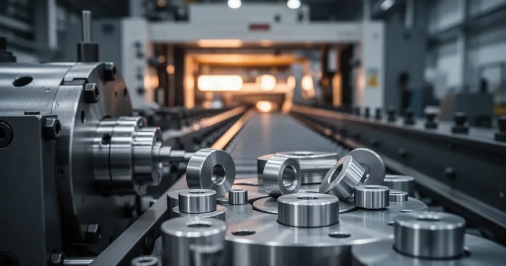 Zbliżenie na detale metalowych części maszyn w nowoczesnej hali produkcyjnej o profesjonalnym, przemysłowym charakterze.