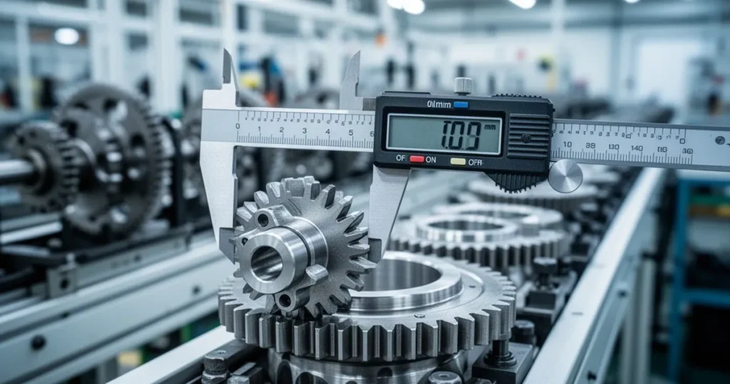 Cyfrowa suwmiarka dokonująca precyzyjnego pomiaru metalowej części przekładni na tle rozmytej linii produkcyjnej.