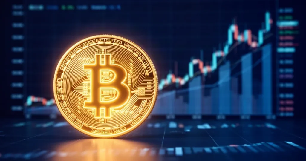 Prezes Coinbase Brian Armstrong: Bitcoin może osiągnąć 300 000 dolarów do 2030 roku. Oto dlaczego ma rację Świecący symbol Bitcoina na tle hologramów z wykresami giełdowymi w odcieniach granatu, bieli i złota.