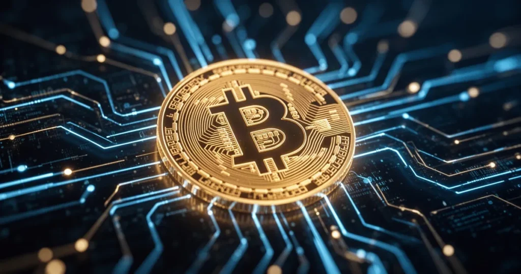 Świecący złoty symbol Bitcoina w centrum sieci neonowych linii danych na ciemnym, niebiesko-złotym tle.