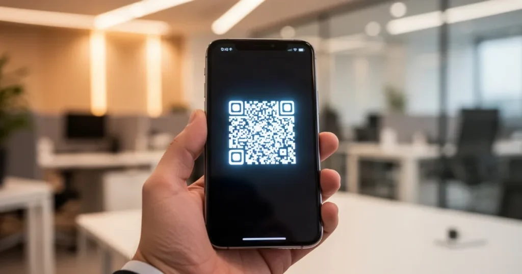 Dłoń trzymająca nowoczesny smartfon z wyświetlonym świecącym kodem QR, na rozmytym tle biurowego wnętrza.