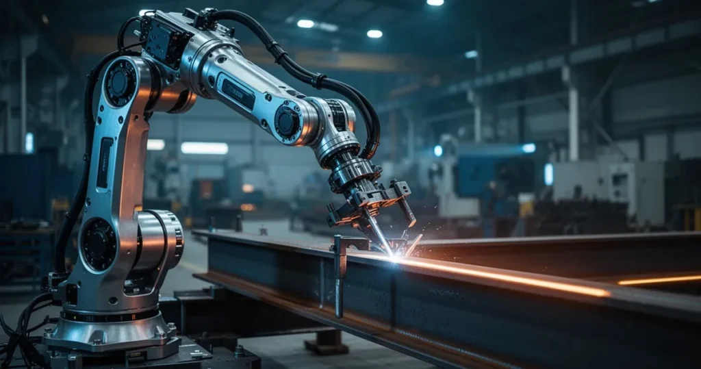 Dlaczego automatyzacja zmienia przemysł ciężki? Zrobotyzowane ramię techniczne pracujące przy stalowej belce w nowoczesnej fabryce oświetlonej niebieskimi i pomarańczowymi ś