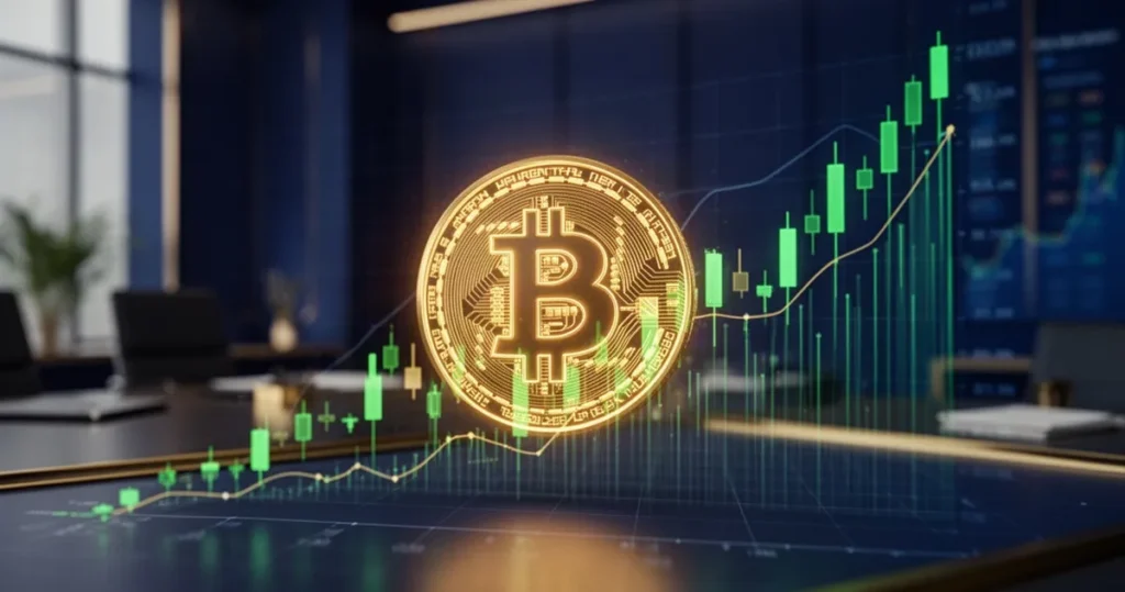 Świecący cyfrowy symbol Bitcoina wkomponowany w wykres giełdowy z rosnącymi zielonymi słupkami na profesjonalnym tle.