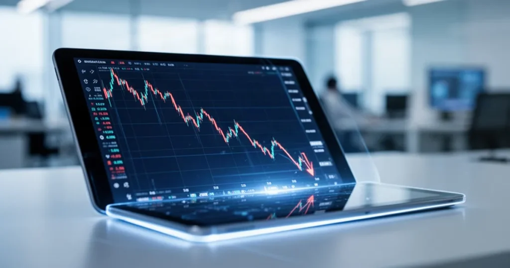 Cyfrowy wykres finansowy na podświetlonym ekranie tabletu pokazujący gwałtowny trend spadkowy w nowoczesnym biurze.
