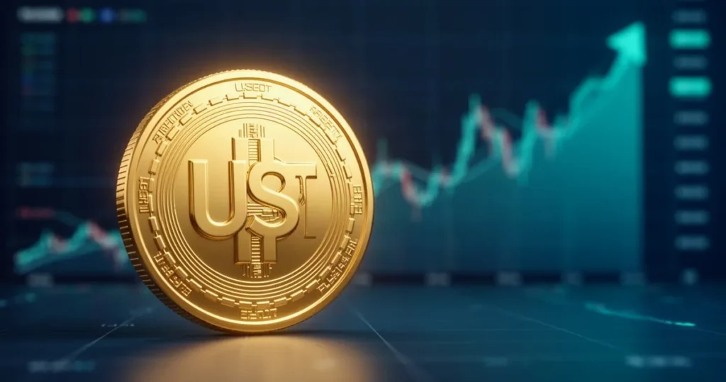 Sber z Rosji planuje pożyczki w USDT, poddaje w wątpliwość popyt na cyfrowego rubla Złota moneta kryptowaluty USDT na tle rozmytego wykresu finansowego z trendem wzrostowym w odcieniach niebieskiego.