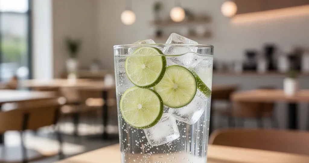 Polacy ograniczają alkohol. Za to sięgają częściej po inny produkt Szklanka orzeźwiającej wody gazowanej z plastrami limonki i kostkami lodu na tle rozmytego wnętrza nowoczesnej kawiarni.