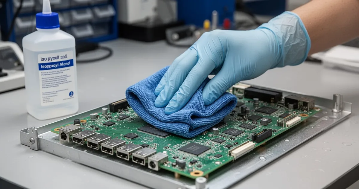 Dłoń w rękawiczce przecierająca układ elektroniczny ściereczką nasączoną izopropanolem