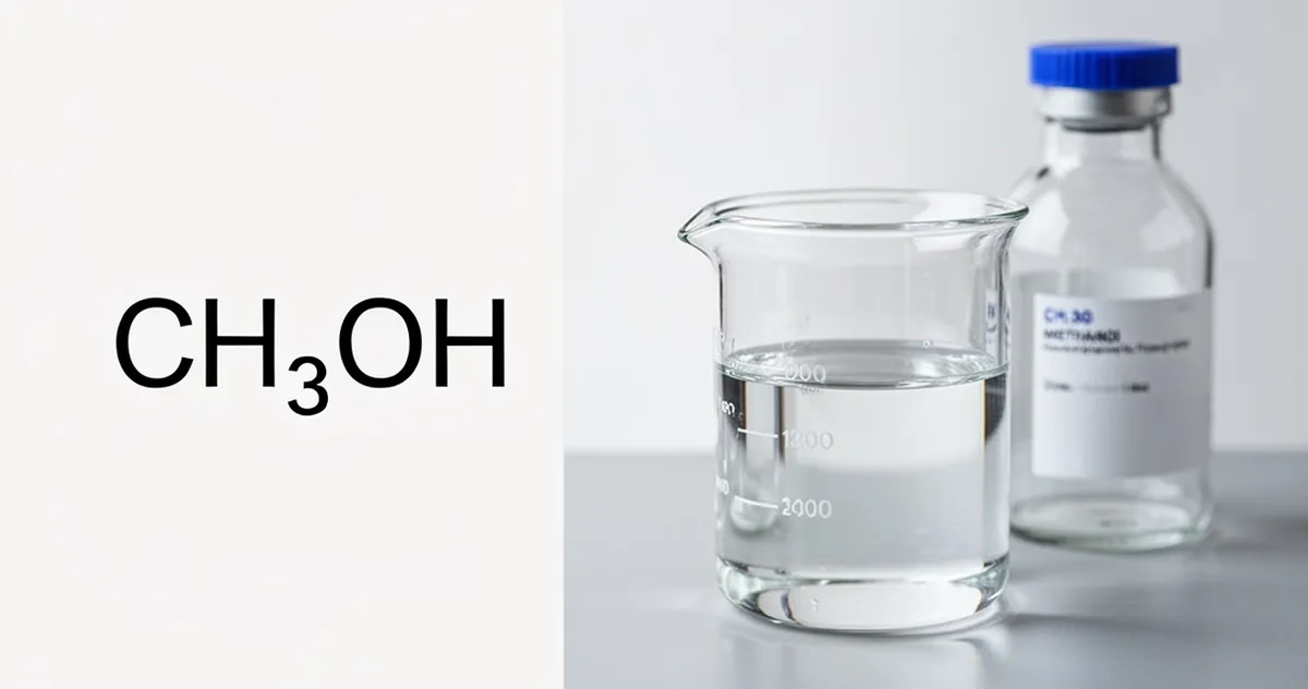 Metanol w naczyniu laboratoryjnym z wzorem chemicznym CH3OH