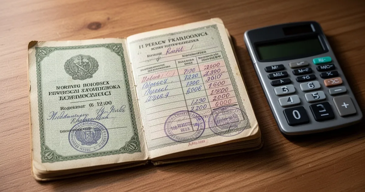 Stara polska książeczka mieszkaniowa z wpłatami leżąca obok kalkulatora