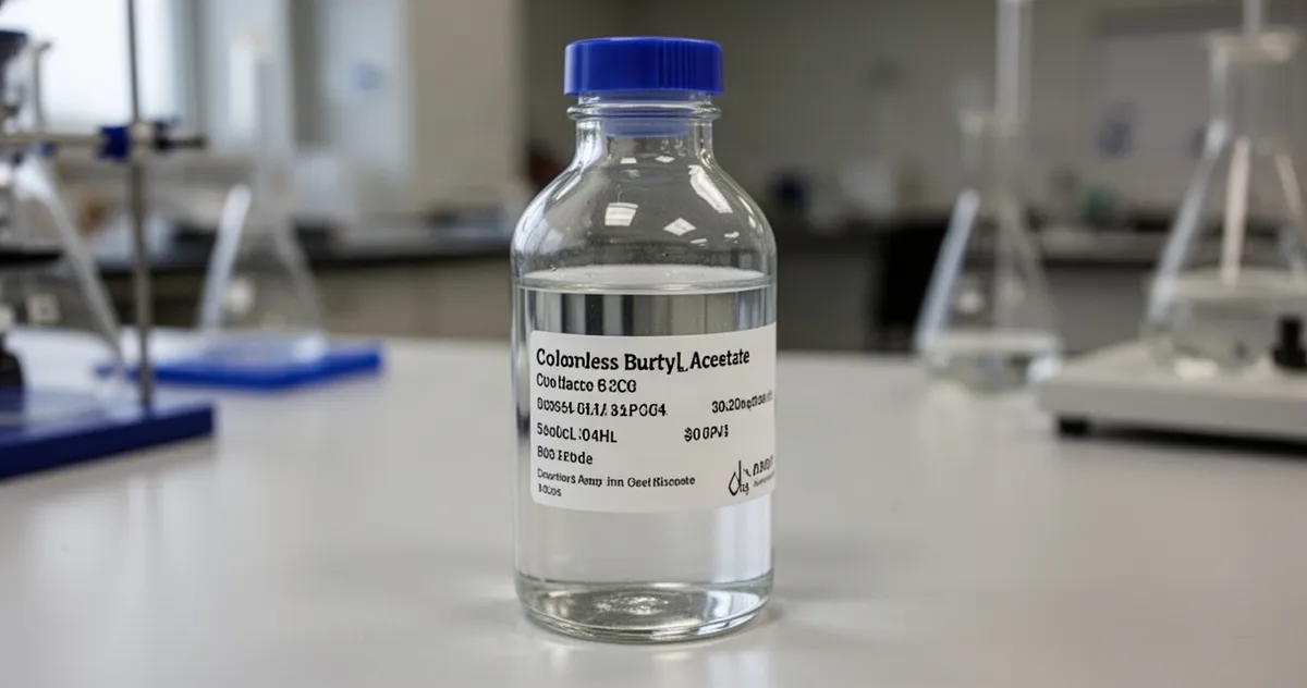 Butelka z octanem butylu na stole laboratoryjnym