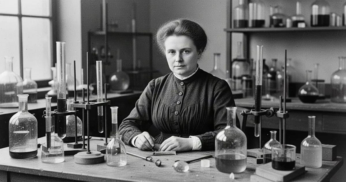 Maria Skłodowska-Curie w laboratorium z początku XX wieku