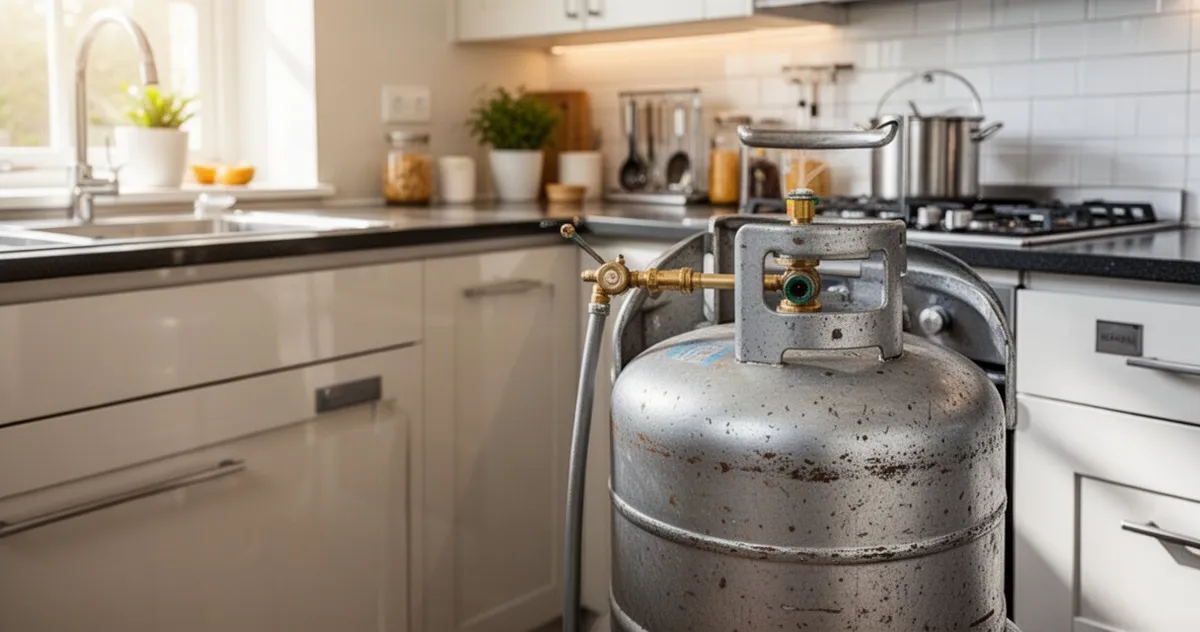 Butla LPG podłączona do kuchenki gazowej w domowej kuchni