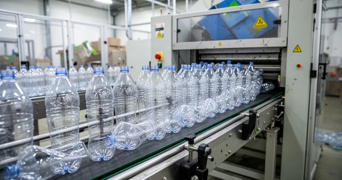 Butelki PET na taśmie w zakładzie recyklingu