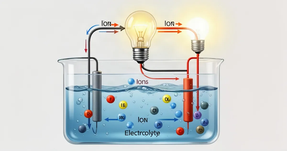 Prosty schemat ogniwa elektrochemicznego z przepływem elektronów i jonów