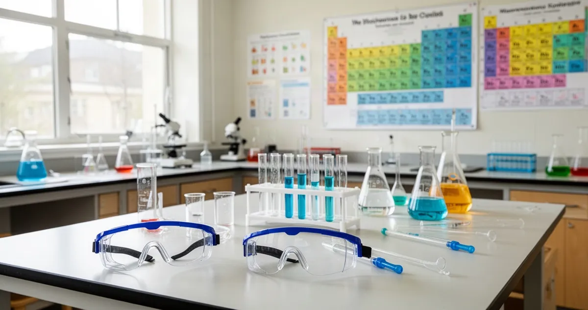 Szkolna pracownia chemiczna z podstawowym wyposażeniem