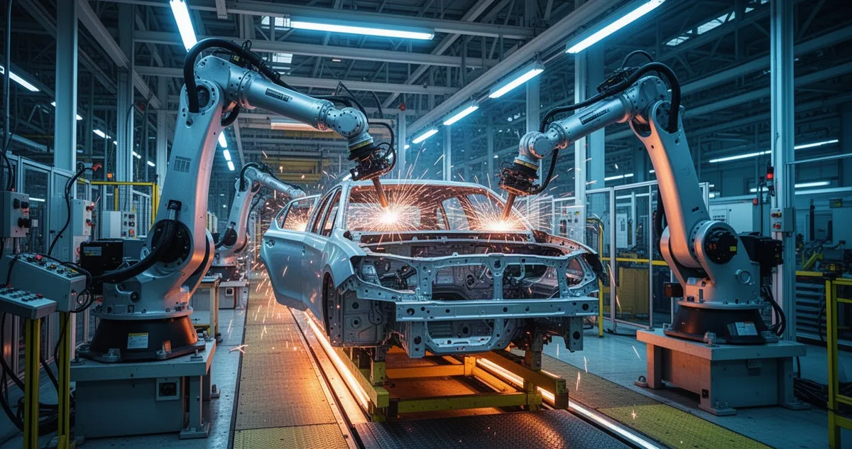 Linia produkcyjna z robotami spawającymi karoserię samochodu