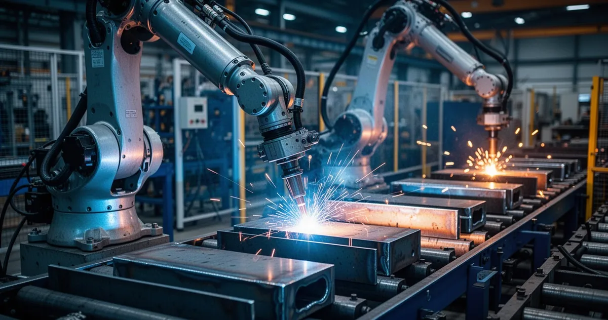 Ramię robotyczne spawające elementy metalowe na linii produkcyjnej