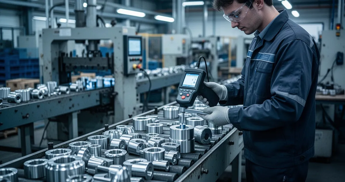 Pracownik kontroli jakości sprawdzający detale na linii produkcyjnej
