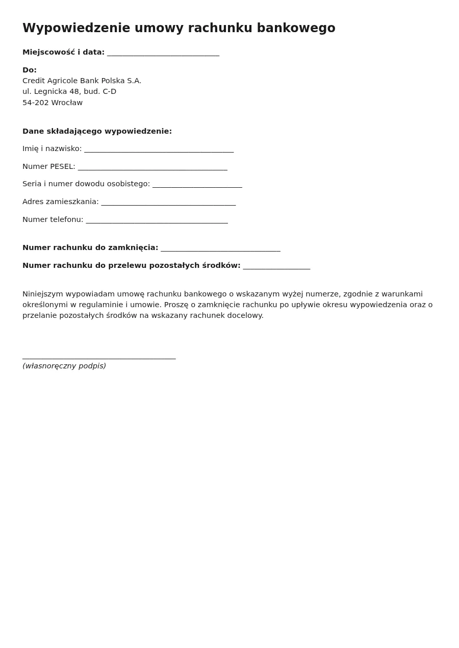Wypowiedzenie umowy rachunku – Credit Agricole