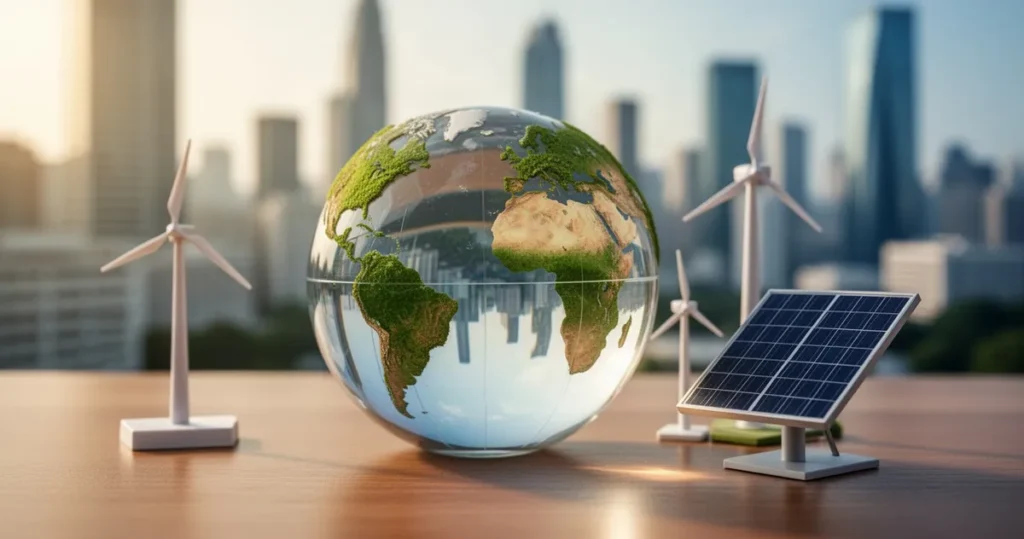 Czym jest polityka klimatyczna i jaki ma wpływ na światową gospodarkę Szklany globus na drewnianym biurku z miniaturową turbiną wiatrową i panelem słonecznym na tle nowoczesnego miasta.