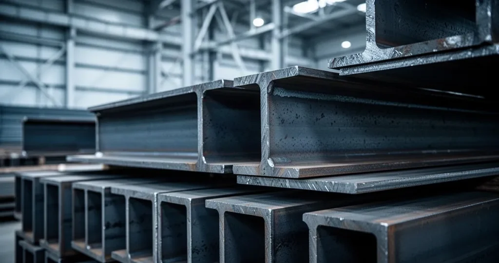 Stos ciężkich stalowych belek przemysłowych w nowoczesnym magazynie z rozmytym, metalicznym tłem.