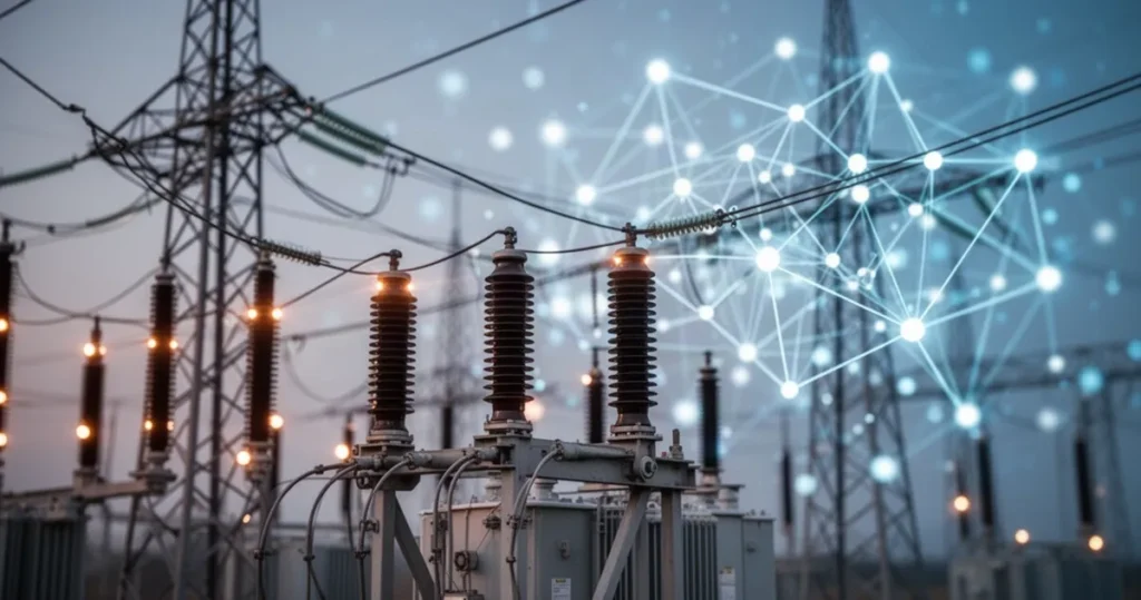 Polska skutecznie eksportuje energię elektryczną. Duży handel z sąsiadami Nowoczesna stacja transformatorowa wysokiego napięcia z jarzącymi się liniami przesyłowymi na tle cyfrowej sieci energetyczne