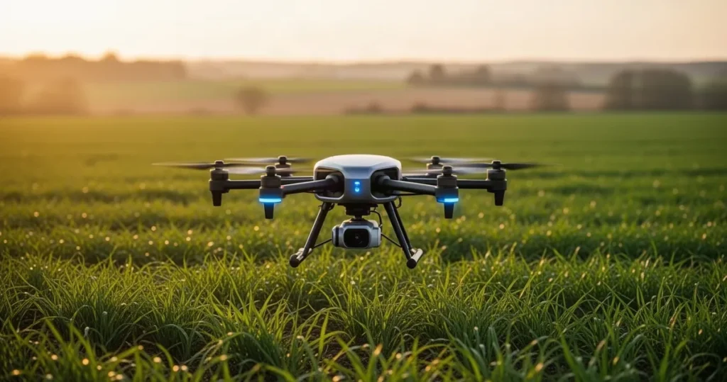 Bezzałogowe samoloty rolnicze wyznaczają nowy kierunek w lotnictwie autonomicznym Nowoczesny autonomiczny dron rolniczy unoszący się nad rozległym, zielonym polem w świetle zachodzącego słońca.